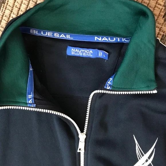 Mens Nautica jacket LG full zip Blue Sail logo sleeves cotton navy blue white - Picture 4 of 5